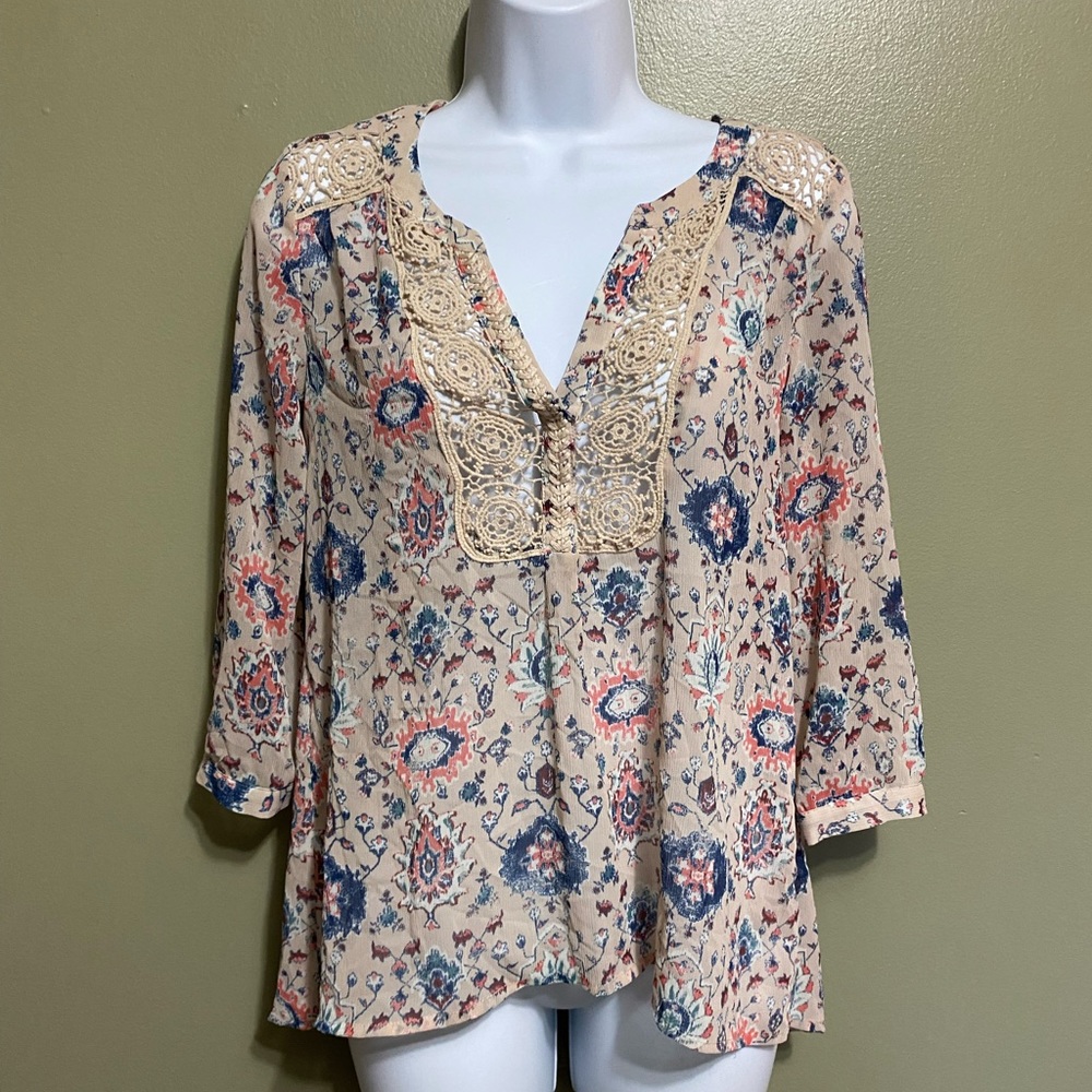 Maeve by Anthropologie Flowered and Crocheted Blouse, Size 0